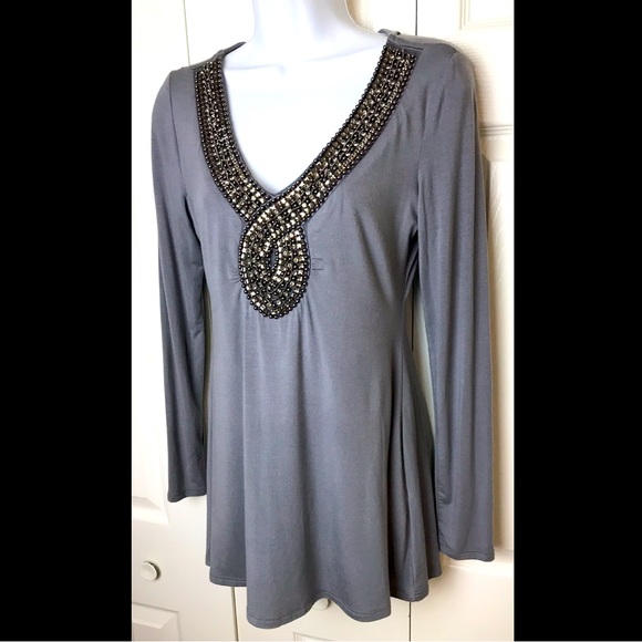 BOSTON PROPER Embellished Neckline Blouse Shirt Top Gray Necklace Rhinestones - Picture 5 of 11